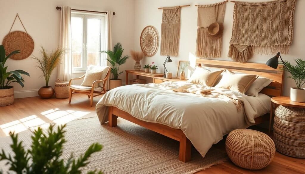 A cozy bedroom filled with natural fiber decor, featuring a jute rug under a wooden bed adorned with soft, earthy-toned linens. The scene includes sisal cushions on a comfortable chair and hemp wall hangings that evoke warmth. In the foreground, a potted plant adds a touch of greenery. The middle ground highlights the bed and decor, while the background shows a soft, sunlit window, allowing bright natural light to fill the room. Capture the airy atmosphere with soft sunlight casting gentle shadows, using a wide-angle lens to accentuate the room's spaciousness. The overall mood is inviting and serene, embodying a warm, earthy aesthetic through natural materials. No text or branding should be present.