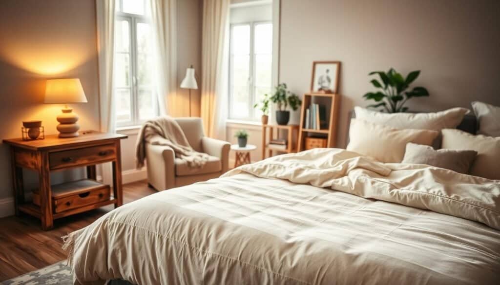 A cozy bedroom furniture arrangement featuring a well-designed layout with a plush, inviting bed draped in soft, neutral-toned bedding. The foreground showcases a rustic wooden bedside table with a warm lamp casting a gentle glow. In the middle, a comfortable armchair, adorned with a textured throw blanket, sits next to a small decorative bookshelf filled with books and plants. The background displays a light, airy window allowing soft sunlight to illuminate the room, enhancing the warm atmosphere. Use a wide-angle lens to capture the entire space, emphasizing the cozy, inviting feel of the room. The overall mood should be serene and welcoming, reflecting the essence of comfort and relaxation.