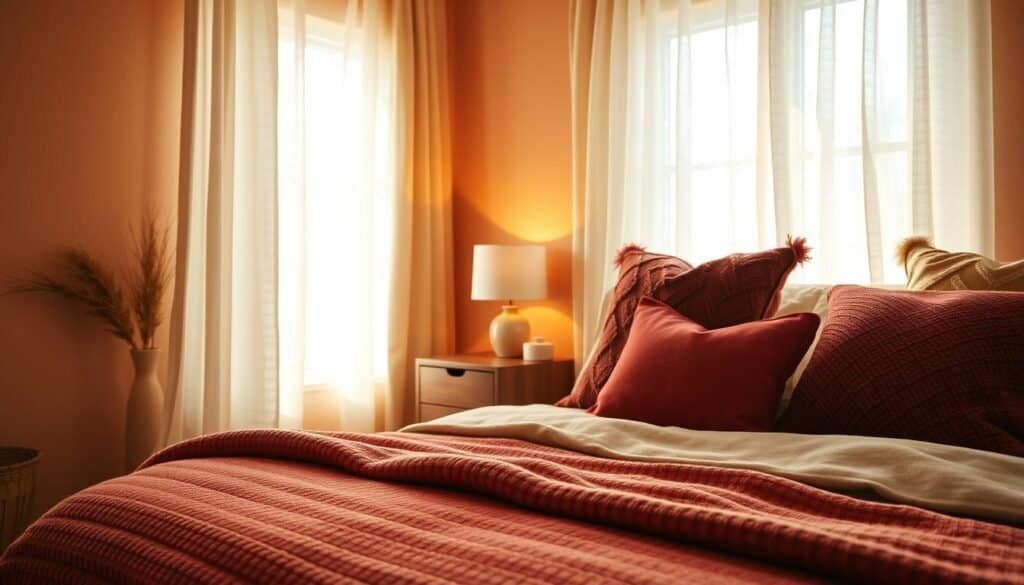 A cozy bedroom interior designed with a warm color palette, featuring rich earthy tones like terracotta, soft golds, and deep reds. In the foreground, a plush bed is adorned with thick knitted blankets and decorative pillows in complementary colors. The middle layer showcases a stylish wooden nightstand with a small lamp that emits soft, ambient light, casting gentle shadows. Behind, light-filtering sheer curtains partially cover a window, allowing bright natural sunlight to illuminate the room, creating a serene and inviting atmosphere. The walls are painted in a warm, muted hue, enhancing the sense of comfort. The overall composition should feel inviting and soothing, evoking a sense of warmth and tranquility.