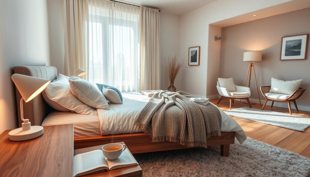A cozy bedroom interior featuring a beautifully made queen-sized bed with fluffy pillows and a soft, textured throw blanket draped casually. In the foreground, a wooden nightstand holds a glowing bedside lamp, while a steaming cup of tea rests beside an open book. The middle section showcases soft curtains billowing gently by the window, allowing warm, natural sunlight to fill the room, creating an inviting atmosphere. Birch wood flooring adds warmth, with a plush area rug underfoot. In the background, a neutral-colored accent wall complements minimalist artwork, and a comfy reading chair is nestled in the corner. Overall, the space exudes tranquility and comfort, with a serene color palette of soft blues and warm whites.