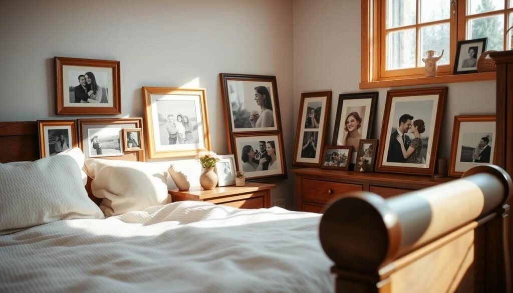 A cozy bedroom interior showcasing a beautifully arranged collection of personal photographs framed in elegant wooden frames. In the foreground, a softly made bed with a textured light duvet set, complementing the warm tones of the wooden furniture. The middle ground features a bedside table with a small vase of fresh flowers, next to an array of cherished photos capturing moments of joy, love, and connection. In the background, a window allows bright natural light to fill the room, highlighting the airy atmosphere. The soft sunlight casts gentle shadows, enhancing the feeling of warmth and tranquility. The overall mood is inviting and nostalgic, emphasizing the grounding element of personal touches that create meaningful connections.