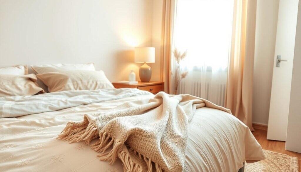 A cozy bedroom interior showcasing a harmonious blend of warmth and minimalism. In the foreground, plush bedding with a soft, inviting texture, featuring layered neutral tones and delicate patterns. A neatly arranged throw blanket drapes casually at the foot of the bed. In the middle, a wooden nightstand holds a stylish table lamp emitting soft, warm light, while a few carefully selected decorative items add a touch of personality without causing clutter. In the background, a window with sheer curtains allows bright, natural sunlight to filter in, illuminating the space and creating an airy atmosphere. The overall mood is tranquil and inviting, emphasizing comfort and simplicity. The scene is captured with a wide-angle lens to enhance the spacious feel, making the room appear both elegant and cozy.