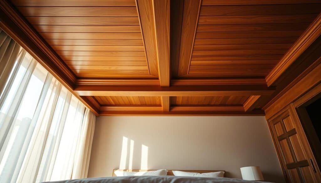 A cozy bedroom interior showcasing elegant wooden ceiling treatments, featuring rich, warm wood tones that enhance the room's ambiance. In the foreground, a minimalist bed with neutral bedding is framed by decorative wooden beams overhead. The middle section highlights the intricate craftsmanship of the ceiling, with linear patterns and soft lighting that casts gentle shadows, creating depth. The background consists of soft, airy curtains that flutter slightly in a light breeze, allowing sunlight to stream in, illuminating the space. Overall, the atmosphere is serene and inviting, promoting a sense of comfort and tranquility, perfectly suited for a restful bedroom setting. The image should have a bright, natural light quality, capturing the essence of a warm, welcoming sanctuary.