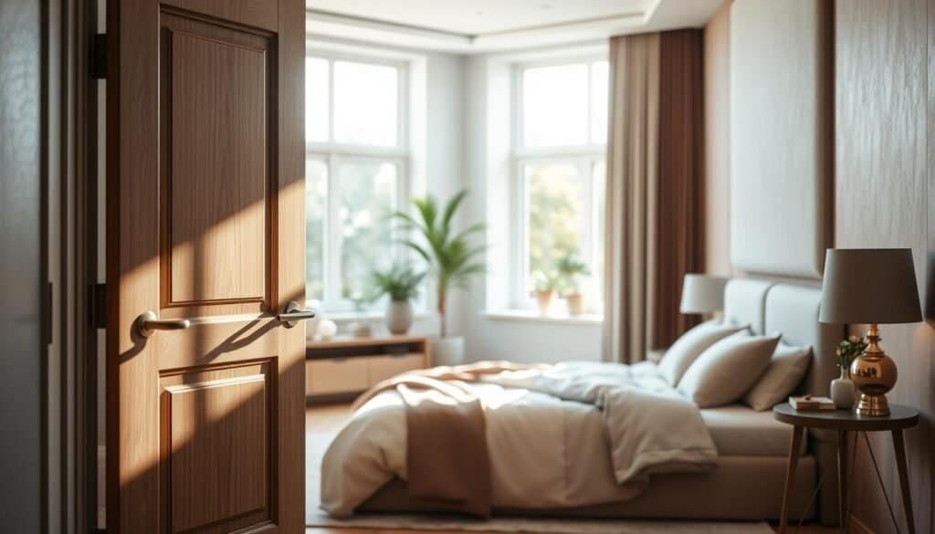 A cozy bedroom interior showcasing innovative door and wall noise reduction solutions. In the foreground, a modern door with a stylish soundproofing seal and visually appealing acoustic panels on the adjacent wall, demonstrating effective sound insulation. The middle ground features a softly lit bed with neutral-colored bedding, harmonizing with the overall theme of tranquility. Light streams through a large window, creating an inviting atmosphere with warm, natural tones. In the background, decorative elements such as potted plants and an elegant side table enhance the peaceful vibe. The scene conveys a serene and calm mood, ideal for a restful sleep environment, captured with soft sunlight spilling gently across the space to accentuate the features.