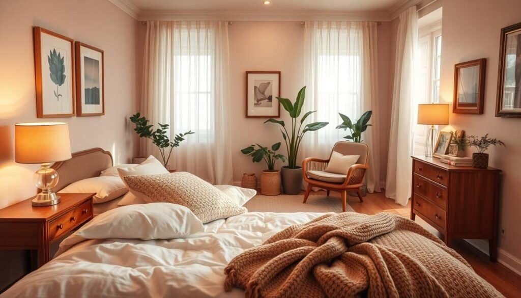 A cozy bedroom interior showcasing warm, softly diffused lighting that creates a tranquil atmosphere. In the foreground, a plush, inviting bed adorned with fluffy pillows and a knitted throw blanket. On either side, elegant wooden nightstands holding softly glowing lamps. The middle ground reveals a textured area rug and a small, comfortable reading nook with a cozy armchair and a stack of books. The background features softly painted walls, adorned with tasteful artwork and lush indoor plants, bathed in gentle, natural light filtering through sheer curtains. The overall mood is serene and inviting, perfect for winding down, with a soothing color palette of warm neutrals and soft pastels. Capture the scene at a slightly elevated angle to emphasize the inviting layout.