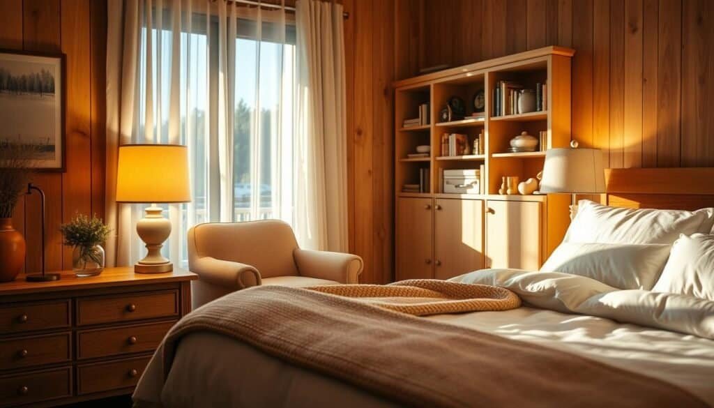 A cozy bedroom scene bathed in warm, soft lighting, featuring a beautifully made bed with plush pillows and a textured throw blanket. The foreground showcases a wooden nightstand with a glowing table lamp casting a gentle, inviting light. In the middle ground, an armchair upholstered in soft fabric sits near a large window draped with sheer curtains, allowing natural sunlight to filter through, creating a peaceful ambiance. The background reveals wooden paneling and a bookshelf filled with books and decorative items that enhance the homely feel. The overall atmosphere is serene and welcoming, with a color palette of warm beige and soft earth tones, inviting relaxation and comfort. The scene captures a perfect balance of light and texture, emphasizing the cozy materials used in the room.