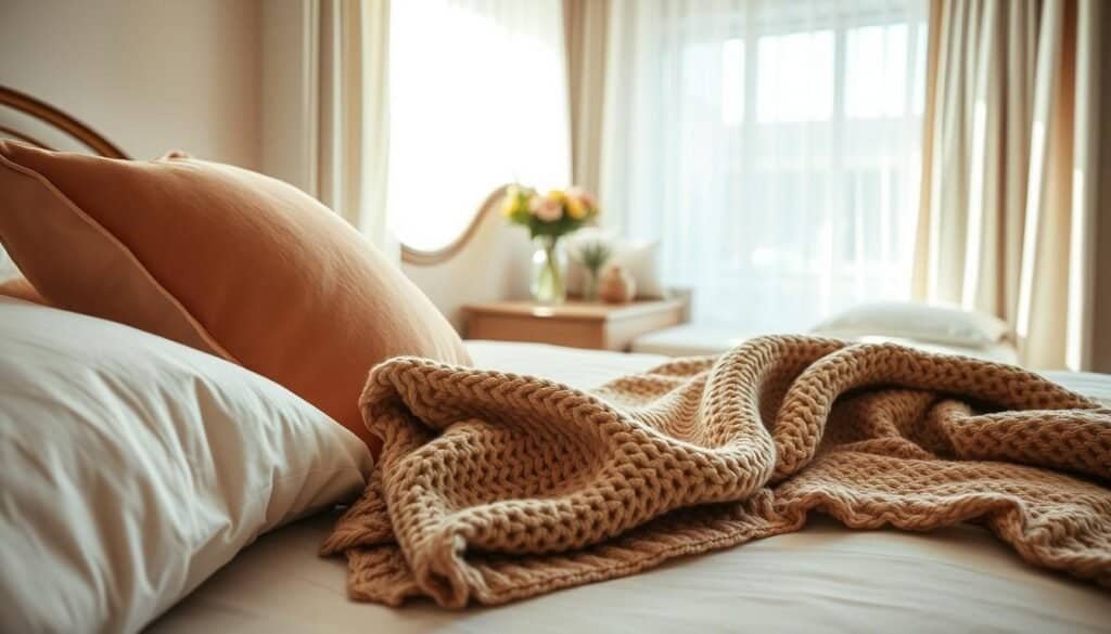 A cozy bedroom scene featuring a beautifully arranged bed with soft, textured textiles in warm, inviting colors. The foreground showcases plush, oversized pillows and a luxurious knitted throw blanket draped over the edge of the bed. In the middle ground, an elegant bed frame highlights a sumptuous quilt with a subtle pattern, complemented by a stylish bedside table adorned with a small vase of fresh flowers. The background reveals a softly lit window draped with sheer curtains that gently diffuse natural sunlight, creating an airy atmosphere. The overall mood conveys warmth, comfort, and serenity, with bright, natural lighting enhancing the cozy vibe of this intimate sleeping space. Capture the scene from a slightly angled perspective to emphasize depth and texture.