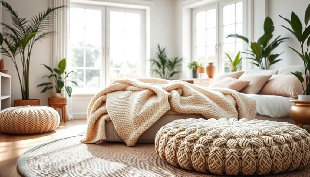 A cozy bedroom scene featuring a beautifully arranged textile accent focusing on softness and warmth. In the foreground, a plush, knitted throw blanket drapes gently over a light-colored upholstered bed, with soft pillows in pastel hues. The middle ground showcases a knitted pouf and a textured area rug, both adding tactile warmth to the space. For the background, large windows allow bright, natural sunlight to flood the room, enhancing the airy atmosphere. The scene is softly lit, creating a serene and inviting mood, complemented by potted plants in the corners. The overall aesthetic feels grounded and comforting, perfect for a peaceful retreat.