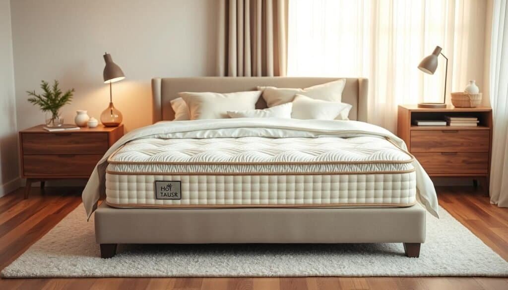 A cozy bedroom scene featuring a beautifully crafted bed with a plush, inviting mattress as the focal point. The bed is adorned with soft, neutral-toned linens and an array of fluffy pillows. Surrounding the bed, the decor includes stylish wooden nightstands with modern lamps, and a soft rug beneath. In the background, gentle light filters through sheer curtains, casting a warm glow across the room. The color palette is calming, with shades of beige, light gray, and pastels to evoke a sense of serenity. The overall atmosphere is tranquil and inviting, perfect for restorative sleep. The image is captured with a warm and airy perspective, emphasizing the comfort and elegance of a well-designed bedroom sanctuary.