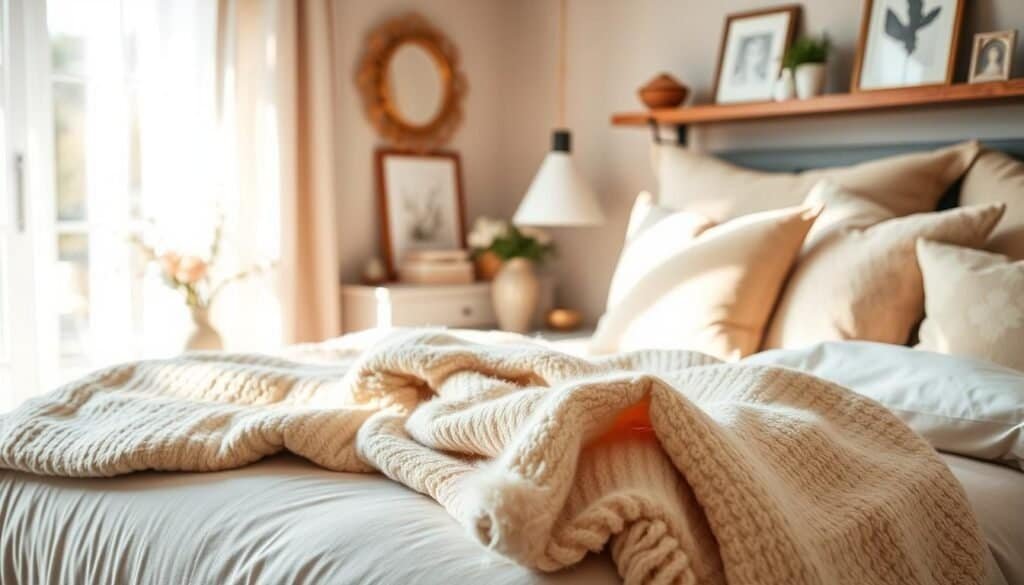 A cozy bedroom scene featuring a beautifully made bed with luxurious, inviting bedding in soft beige and pastel tones. In the foreground, a fluffy, textured throw blanket is draped casually over the edge of the bed, accompanied by an assortment of decorative pillows in varying sizes and shapes. The middle ground reveals a bedside table illuminated by warm, soft sunlight filtering through a nearby window, casting gentle shadows and highlighting a small vase of fresh flowers. In the background, a tastefully decorated wall with framed artwork and a shelf displaying cozy decor creates an inviting atmosphere. The overall mood conveys warmth, comfort, and tranquility, ideal for transforming a space into a restful retreat. The image captures the essence of serene home décor with a focus on natural light and airy ambiance, shot with a soft lens to enhance the inviting feel.