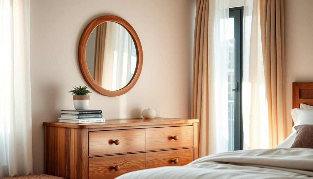 A cozy bedroom scene featuring an elegantly styled dresser and vanity area accented with warm wood elements. The dresser is adorned with a natural wood finish, reflecting soft sunlight through a nearby window, creating an inviting atmosphere. On the dresser, there are minimalist decorative items, such as a small potted plant and a neatly arranged stack of books, exuding a sense of comfort without clutter. The vanity area includes a round mirror framed in rustic wood, paired with subtle lighting that enhances the warmth of the wood tones. The background shows soft fabric curtains gently billowing in the morning breeze, complementing the serene ambiance. The overall mood is tranquil and harmonious, capturing the essence of warm wood accents in a stylish yet functional bedroom setting.