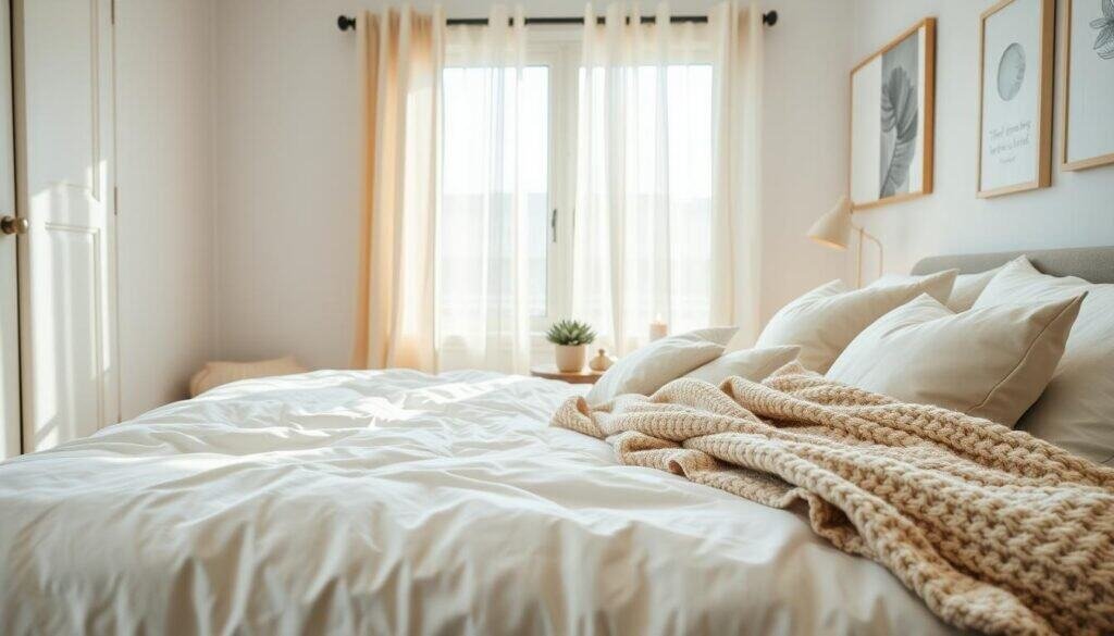 A cozy bedroom scene featuring an inviting bed adorned with an array of comforting textiles. The foreground includes a plush, inviting duvet in soft pastel colors, complemented by fluffy throw pillows and a knitted blanket draped elegantly across the foot of the bed. In the middle, delicate curtains filter bright natural light, casting a warm, soft glow over the room. A wooden bedside table holds a small succulent and a soft, flickering candle, enhancing the soothing atmosphere. The background reveals a softly painted wall with minimalist artwork, creating a tranquil vibe. The overall lighting is bright and airy, captured from a slightly elevated angle to emphasize the inviting textures and serene mood of the space.