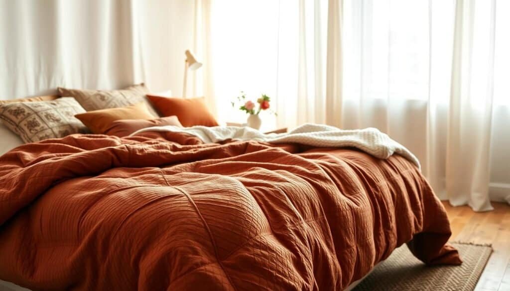 A cozy bedroom scene featuring an inviting bed adorned with plush, textured bedding in warm, earthy tones, such as deep rust and soft ivory. The foreground displays a beautiful quilt draped over the edge, layered with patterned throw pillows and a chunky knit blanket. In the middle, a wooden nightstand holds a small vase of fresh flowers, enhancing the warmth. The background reveals soft curtains gently swaying in a subtle breeze, filtering bright natural light that casts soft shadows across the room. The wooden flooring is complemented by a woven area rug, adding to the inviting atmosphere. The overall mood is tranquil and homely, evoking a sense of comfort and relaxation in this stylish sanctuary.