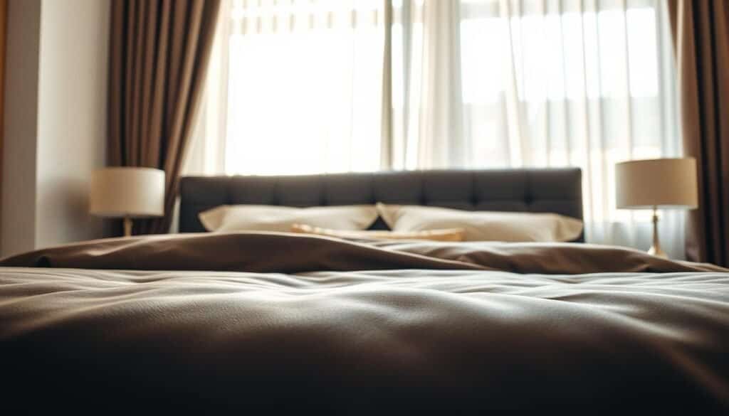 A cozy bedroom scene featuring an inviting leather headboard as the centerpiece. In the foreground, the rich texture of the dark brown leather, subtly reflecting the soft, natural light, creates a sense of warmth and sophistication. The headboard is elegantly upholstered, surrounded by plush bedding in neutral tones. In the middle ground, light-colored wooden bedside tables with modern table lamps add a contemporary touch. The background reveals a softly illuminated window draped with sheer curtains, allowing airy sunlight to filter through and illuminate the entire space. The atmosphere evokes a sense of comfort and relaxation, perfect for a stylish and warm retreat. The composition is captured from a slightly angled perspective to highlight the headboard's details and the overall inviting ambiance of the room.