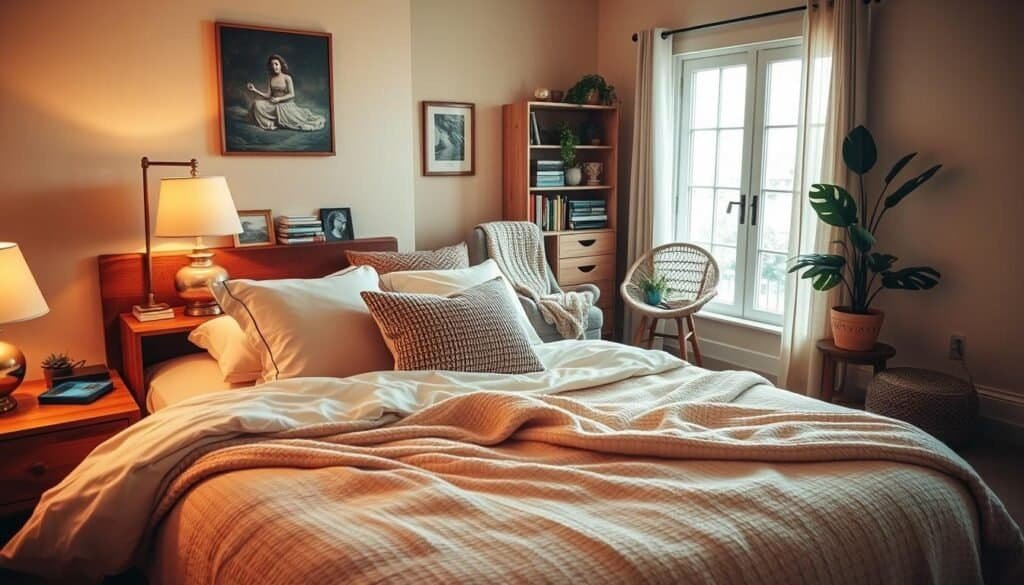 A cozy bedroom scene featuring beautifully arranged furnishings that foster warmth and comfort. In the foreground, a plush bed adorned with soft, textured blankets and an array of decorative pillows, inviting relaxation. On either side of the bed, stylish wooden nightstands hold softly glowing lamps, casting an inviting light. In the middle ground, a vintage armchair with a knitted throw is positioned near a window, allowing natural light to flood the space, enhancing the airy atmosphere. In the background, a thoughtfully curated bookshelf filled with books and plants adds charm. The walls are painted in warm, neutral tones, contributing to a serene and inviting mood. Capture this scene from a slightly elevated angle to showcase the harmonious arrangement of elements, with bright natural light illuminating the entire room, evoking a sense of comfort and tranquility.