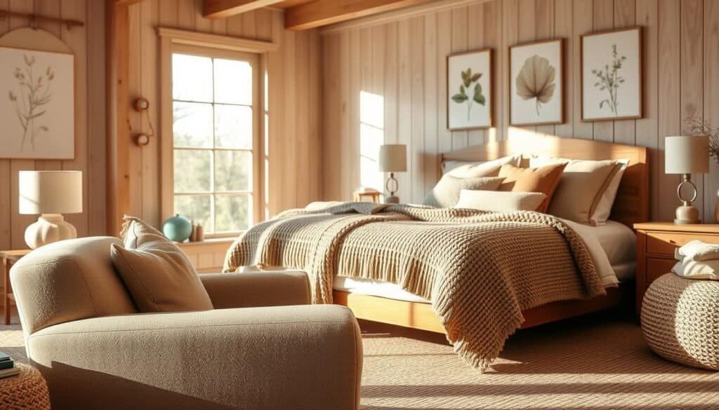 A cozy bedroom scene featuring inviting furniture made from natural materials. In the foreground, a plush, upholstered armchair in warm beige sits next to a wooden bedside table with a softly glowing lamp made of ceramic. The middle ground showcases a queen-sized bed draped with a thick, knitted throw and an array of fluffy pillows in muted earth tones. The walls are adorned with light wood paneling and botanical prints, enhancing the serene atmosphere. In the background, large windows allow bright, natural light to filter in, casting gentle shadows. The overall mood is warm and relaxing, embodying comfort and tranquility, with soft sunlight illuminating the textures and materials of the furniture, promoting a sense of restfulness.
