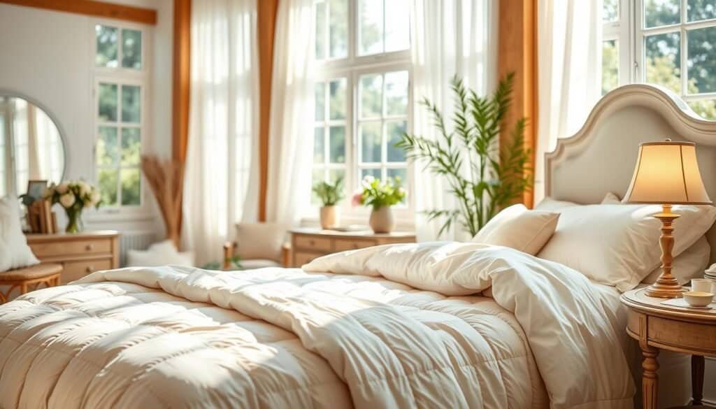 A cozy bedroom scene featuring luxurious cotton bedding in soft pastel tones, layered with an inviting quilt and plush pillows. In the foreground, focus on a beautifully made bed with an intricate headboard, draped in a light cotton throw. The middle ground showcases a tastefully arranged bedside table with a vase of fresh flowers and a softly glowing lamp. In the background, large windows allow bright natural light to stream in, illuminating the airy space filled with warm wooden accents and greenery. The atmosphere is serene and inviting, emphasizing the breathable comfort of cotton, creating a sense of year-round warmth and tranquility. Soft sunlight filters through sheer curtains, casting gentle shadows, evoking a peaceful, inviting ambiance.