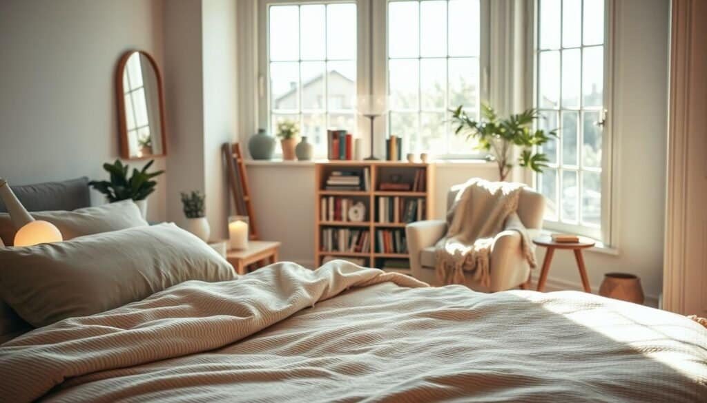 A cozy bedroom scene filled with essential elements that evoke warmth and comfort. In the foreground, a beautifully made bed with plush, textured bedding in soft earth tones, surrounded by fluffy pillows. Adjacent to the bed, a stylish nightstand with a small, potted plant and a softly glowing lamp that emits gentle, ambient light. In the middle ground, a well-placed armchair draped with a knitted throw blanket and a small bookshelf filled with colorful books. In the background, large windows allowing bright, natural sunlight to flood the room, enhancing the airy feeling. The scene captures a tranquil atmosphere, with soft shadows and a harmonious color palette, emphasizing the idea of a sanctuary filled with inviting, cozy details.