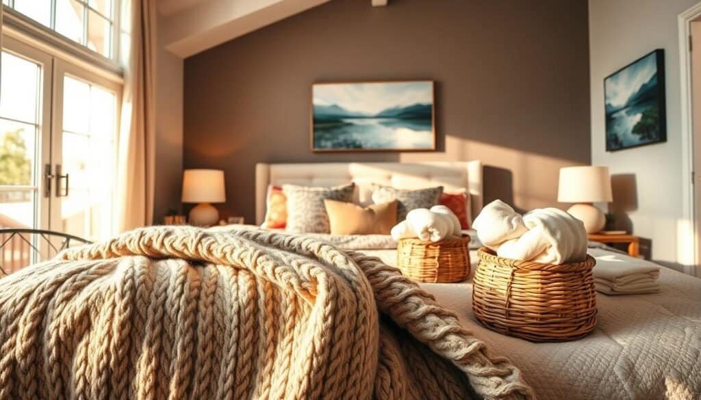A cozy bedroom scene filled with inviting textiles that engage the senses. In the foreground, a plush, hand-knitted throw blanket drapes over a comfy bed adorned with colorful, patterned pillows. The middle section features a beautifully made bed with a soft, textured quilt, surrounded by warm, ambient lighting from bedside lamps. Decorative woven baskets filled with soft blankets are placed nearby. In the background, large windows allow bright, natural light to filter in, casting soft shadows across the room. The walls are painted in calming tones, and artwork featuring tranquil landscapes hangs strategically. The overall mood is serene and inviting, evoking a sense of comfort and relaxation. The lens captures the room at a wide angle, emphasizing the airy and spacious feel.