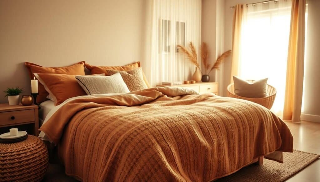 A cozy bedroom scene filled with inviting textiles. In the foreground, a plush, oversized bed adorned with a soft, textured blanket in warm earth tones, complemented by an array of decorative pillows in varying sizes and patterns. On the bedside table, a small potted plant adds a touch of greenery, while a gently flickering candle casts a warm glow. The middle of the room features a stylish, woven area rug that adds depth and warmth to the space. The walls are decorated with soothing, muted colors that enhance the tranquil atmosphere. In the background, sheer curtains filter bright, natural sunlight, creating an airy feel. The entire scene is bathed in soft, golden light, evoking a serene and welcoming ambiance, perfect for relaxation and comfort.