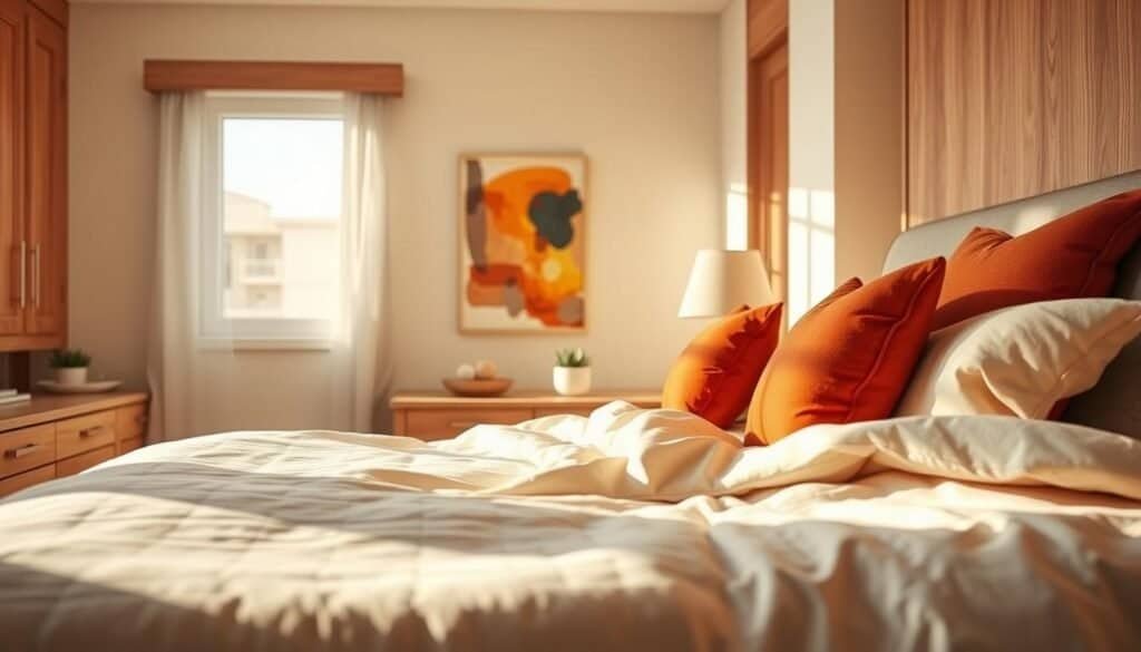 A cozy bedroom scene showcasing a warm color palette ideal for restful spaces. In the foreground, a plush, inviting bed dressed in soft beige linens with decorative rust and terracotta throw pillows. A light wooden bedside table holds a small plant and a softly glowing lamp. In the middle, a large window allows gentle, diffused sunlight to illuminate the room, enhancing warm, earthy tones. Colorful abstract artwork in warm hues hangs on the walls, adding a touch of creativity. The background features light beige walls and wooden accents, creating an airy and welcoming atmosphere. Soft shadows and highlights evoke a serene mood, inviting tranquility and comfort in this beautifully curated space.