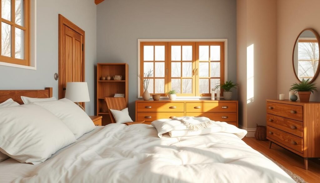 A cozy bedroom scene showcasing harmonious color schemes that enhance wooden elements. In the foreground, a beautifully made bed with soft, neutral bedding and plush pillows arranged in a calming manner. The middle layer features warm wooden furniture, including a nightstand and a dresser adorned with simple decor items like potted plants and candles. In the background, large windows bathe the room in bright, natural light, highlighting the grain of the wood and creating a peaceful atmosphere. The walls are painted in soothing shades of pale blue and soft beige, harmonizing with the wooden accents. Capture this setting with a soft focus, emphasizing the tranquility and comfort of the space, while using natural, airy lighting to evoke a sense of serenity. A cozy bedroom scene showcasing harmonious color schemes that enhance wooden elements. In the foreground, a beautifully made bed with soft, neutral bedding and plush pillows arranged in a calming manner. The middle layer features warm wooden furniture, including a nightstand and a dresser adorned with simple decor items like potted plants and candles. In the background, large windows bathe the room in bright, natural light, highlighting the grain of the wood and creating a peaceful atmosphere. The walls are painted in soothing shades of pale blue and soft beige, harmonizing with the wooden accents. Capture this setting with a soft focus, emphasizing the tranquility and comfort of the space, while using natural, airy lighting to evoke a sense of serenity.