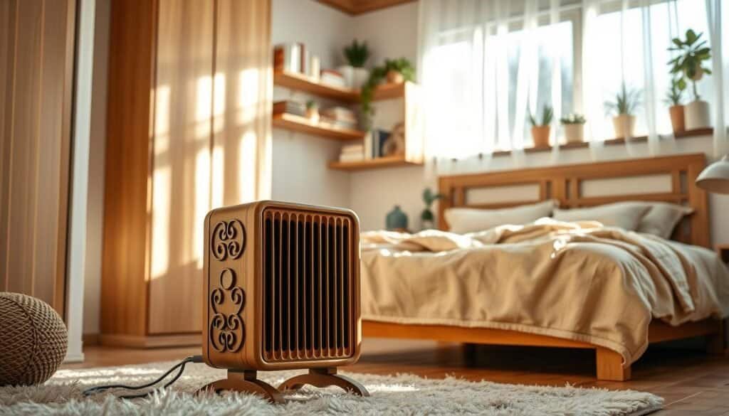 A cozy bedroom scene showcasing innovative heating techniques featuring natural wood elements. In the foreground, a stylish wooden heater with intricate carvings sits beside a soft, plush rug. The middle ground features a warm-toned bed adorned with layered blankets and a wooden headboard, with sunlight streaming through sheer curtains, casting gentle shadows. In the background, shelves lined with wooden accents hold books and decorative plants, emphasizing a harmonious, inviting atmosphere. The room is illuminated with bright natural light, creating an uplifting mood. The lens captures the serene essence of home with a soft focus on the details, inviting a sense of warmth and comfort, ideal for fostering well-being in colder months.