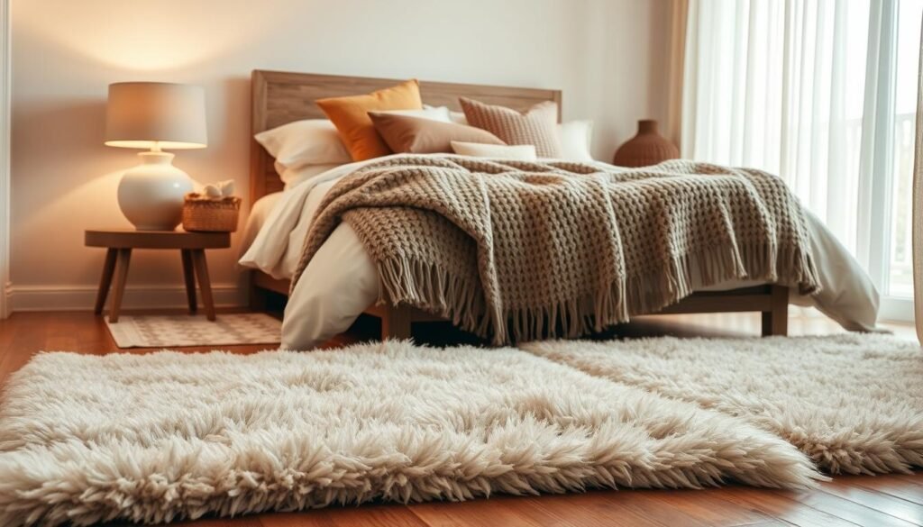 A cozy bedroom scene showcasing the concept of texture play in design, featuring a soft, plush rug layered over hardwood flooring in the foreground. The middle ground includes a beautifully made bed adorned with a mix of textured pillows and a chunky knit blanket, all in warm, earthy tones. A bedside table displays tactile elements like a woven basket and a ceramic lamp with a linen shade, casting soft light. In the background, a window lets in bright, natural sunlight, illuminating sheer curtains that billow gently. The overall atmosphere is inviting and tranquil, invoking a sense of warmth and comfort without heaviness. Use a wide-angle lens to capture the room’s spacious feel, with warm, soft lighting creating a harmonious and serene ambiance.
