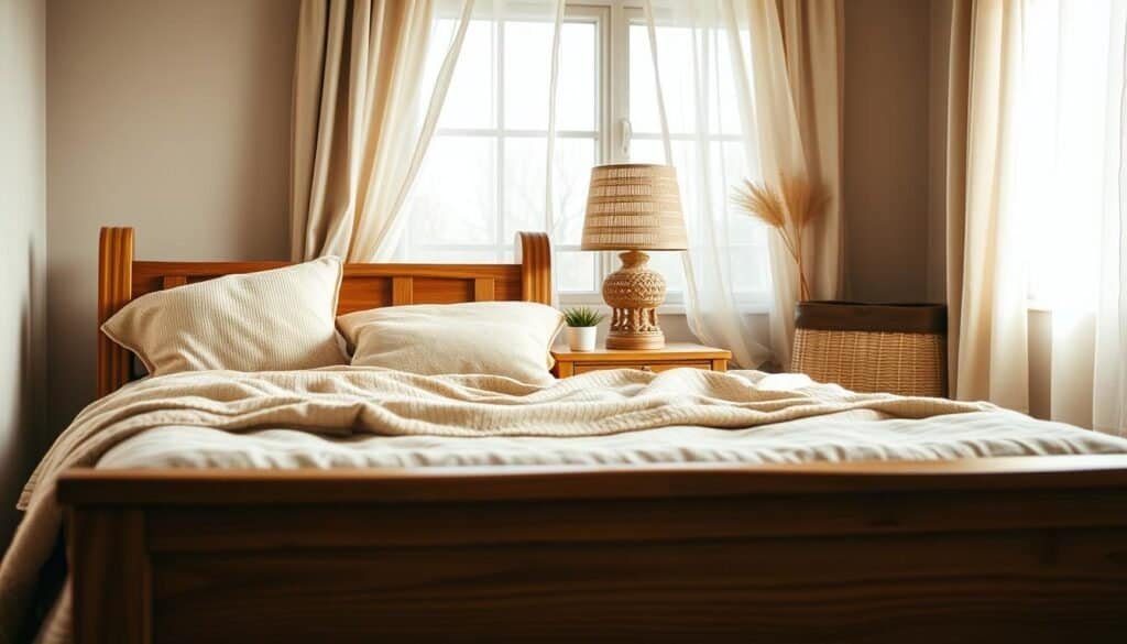A cozy bedroom scene showcasing the perfect pairing of wood and textiles. In the foreground, a beautifully crafted wooden bed frame adorned with soft, textured blankets and plush pillows in warm earth tones. The middle features a wooden bedside table, artfully arranged with a small potted plant and a decorative textile lamp that casts soft, natural light. In the background, a window draped with sheer linen curtains allows bright, airy sunlight to filter through, illuminating the cozy atmosphere. The overall mood is warm and inviting, emphasizing comfort and harmony with a focus on natural materials. The image is captured with a warm color palette and a slightly blurred background, creating a depth that draws the viewer into the inviting space.