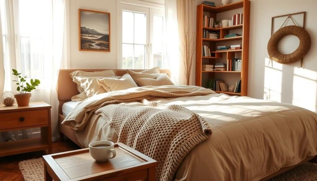 A cozy bedroom scene with a warm aesthetic, featuring a plush queen-sized bed adorned with soft, earth-toned bedding and an oversized knitted blanket. In the foreground, a wooden nightstand holds a steaming cup of herbal tea and a small potted plant, adding a touch of greenery. The middle ground showcases a soft area rug beneath the bed, complemented by tasteful wall art depicting soothing landscapes. In the background, large windows bathe the room in bright, natural light, accentuating the airy feel with sheer curtains billowing slightly. The atmosphere is inviting and serene, perfect for relaxation, with soft sunlight filtering in to create gentle shadows. A hint of warmth radiates from a uniquely crafted wooden bookshelf filled with books and decorative items.