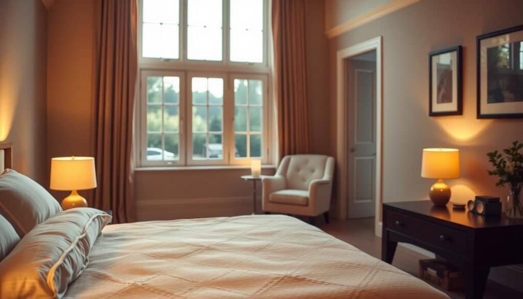 A cozy bedroom setting featuring warm, inviting lighting. In the foreground, a beautifully made bed with plush, textured bedding in soft, neutral colors. Subtle bedside lamps cast a gentle glow. In the middle, a comfortable reading chair set at an angle, with a small side table adorned with a softly glowing candle. Behind, large windows allow natural sunlight to stream in, creating a bright and airy atmosphere. The walls are adorned with simple yet elegant artwork that complements the serene ambiance. The overall lighting is warm and soft, evoking a peaceful vibe, ideal for relaxation. The scene is captured from a slightly elevated angle, enhancing the inviting nature of the space, while giving a sense of depth and comfort.