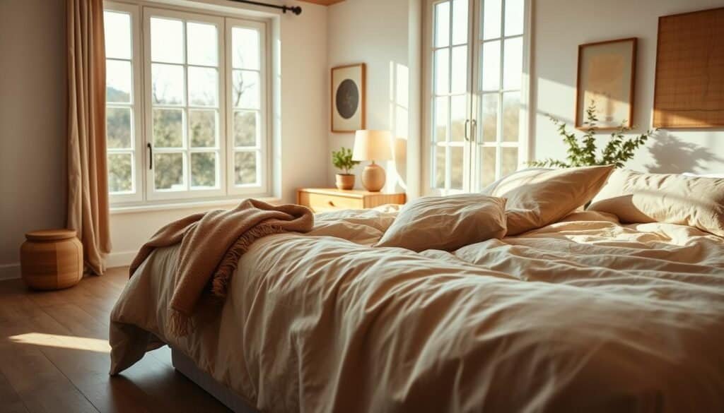 A cozy bedroom space showcasing the psychology of comfort, with a focus on warm, natural materials. In the foreground, a plush, tactile bed covered with soft, inviting linens in muted earth tones. A warm throw is casually draped over the side, inviting relaxation. In the middle, a handcrafted wooden bedside table displays a small potted plant and a softly glowing lamp, contributing to the serene atmosphere. The background features large windows allowing bright, natural light to flood the room, casting gentle shadows and highlighting the textures of the wooden floor. Subtle wall art in soothing colors complements the overall ambiance. The mood is tranquil and inviting, emphasizing a sense of calm and comfort in the home environment. The scene is shot with a wide-angle lens to capture the space's openness and tranquility, illuminated by soft sunlight.