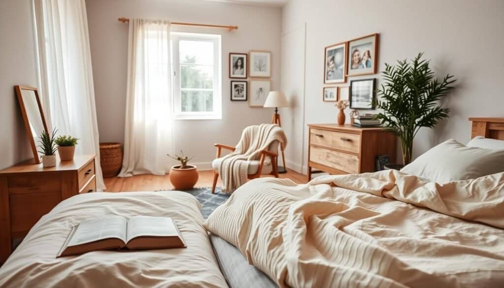 A cozy bedroom that exudes warmth and comfort, featuring a plush bed with soft, layered bedding in neutral tones. In the foreground, a wooden nightstand holds a small potted plant and an open book, inviting relaxation. The middle includes a comfortable reading chair draped with a knitted blanket, and a stylish rug that adds texture to the space. The background showcases a window framed by light, sheer curtains, allowing bright, soft sunlight to stream in, illuminating the room. Above the bed, a gallery wall displays framed personal photographs and calming artwork. The atmosphere is inviting and homely, radiating tranquility and personal touches that make it feel like a sanctuary. Capture the scene with a warm, natural ambiance, using an airy wide-angle lens.