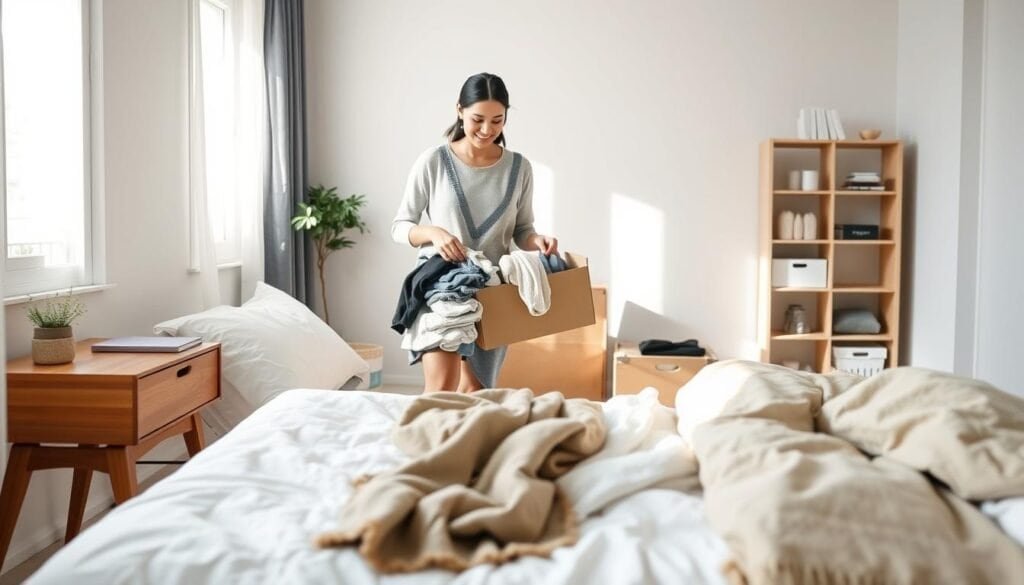 A cozy bedroom undergoing decluttering, showcasing a transformation process. In the foreground, an inviting bed with neatly arranged white linens and a soft throw blanket. A mid-century wooden bedside table holds a small plant and a book. In the middle, a person in modest casual clothing is actively sorting through a pile of clothes, smiling as they place items into a donation box. Soft, natural light streams in through a window, illuminating the room and casting gentle shadows. The background features a minimalist bookshelf with some decorative items, and a peaceful wall color that enhances the serene atmosphere. The overall feel is calming, inspiring viewers to embrace a fresh, clutter-free space.
