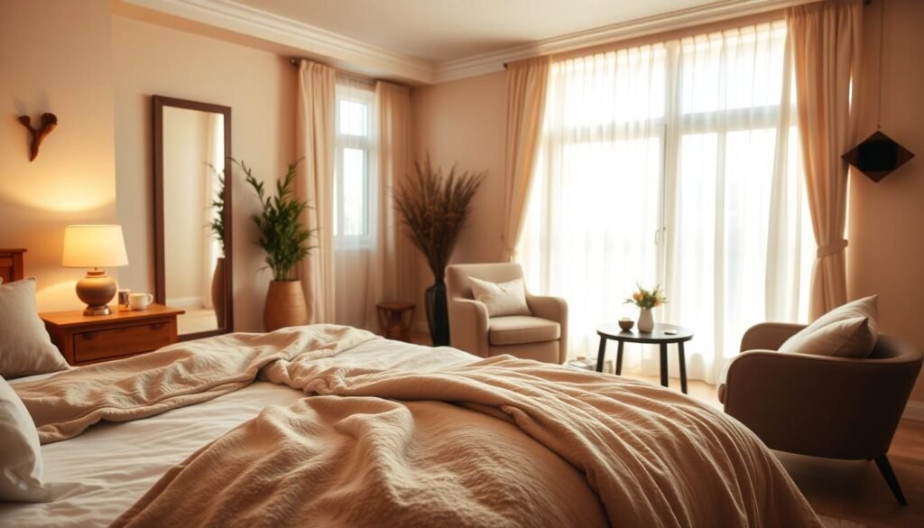 A cozy bedroom with a warm ambiance, featuring a plush queen-sized bed draped in soft, inviting blankets and pillows in muted earth tones. In the foreground, a wooden nightstand holds a glowing table lamp, casting a soft light. The middle ground showcases a thoughtfully arranged seating area with a comfortable armchair and a small side table adorned with a steaming mug of herbal tea. In the background, large windows allow bright natural light to filter in, illuminating light sheer curtains that create an airy feel. The walls are painted in a warm cream, and decorative wooden accents add a touch of rustic charm. The overall atmosphere is serene and inviting, fostering a sense of calm and relaxation, perfect for a personal sanctuary.