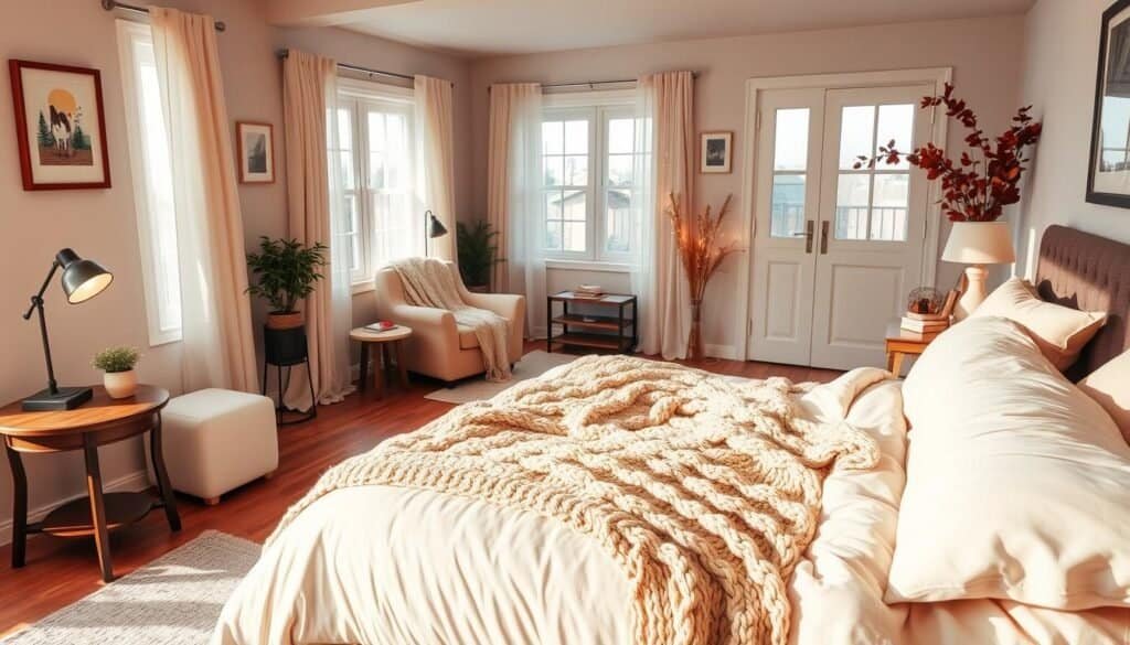A cozy bedroom with a warm, inviting atmosphere, featuring a plush king-size bed covered in soft, neutral linens and a chunky knit throw blanket. In the foreground, a bedside table holds a small potted plant and a vintage-style lamp emitting soft light. The middle of the room showcases a comfortable armchair draped with a cozy throw and a stack of books, while an inviting rug adds texture to the hardwood floor. In the background, large windows let in bright natural light, with sheer curtains gently fluttering in the breeze. The walls are adorned with subtle, nature-inspired artwork, and there are touches of seasonal décor, like autumn leaves and soft twinkling fairy lights, creating a serene and homely ambiance.