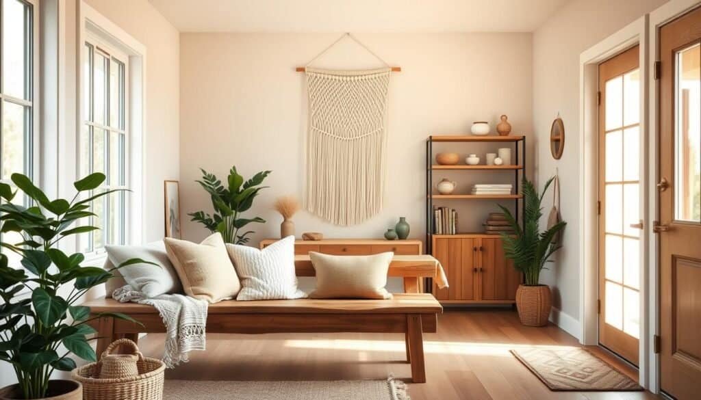 A cozy boho farmhouse living room featuring an inviting entryway. In the foreground, a rustic wooden bench adorned with soft, textured cushions and a woven throw blanket. To the side, a lush indoor plant adds a touch of greenery. The middle layer showcases a well-lit, airy space with a delicate macramé wall hanging and natural wood accents, such as open shelving with decorative ceramics and earthy-toned books. In the background, large windows allow warm, soft sunlight to bathe the room, illuminating the light beige walls and natural wood flooring. The atmosphere is serene and welcoming, evoking a sense of simplicity and comfort, perfect for a home aesthetic that values natural elements and minimalistic design.
