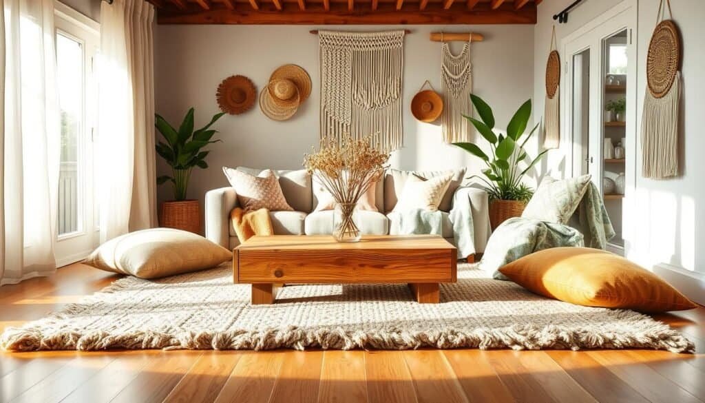 A cozy boho-farmhouse living room, with an inviting atmosphere. In the foreground, a plush, textured area rug with earthy tones lies on a polished wooden floor, surrounded by soft, oversized cushions in warm hues. In the middle, a large, reclaimed wood coffee table holds a vase of dried wildflowers, flanked by a hygge-style sofa draped with patterned throw blankets. Natural light streams through large, airy windows adorned with sheer linen curtains, illuminating handcrafted decor elements like woven baskets and macramé wall hangings. In the background, subtle greenery from potted plants enhances the warm ambiance. Capture this scene with soft sunlight, showcasing the tranquil and welcoming mood characteristic of boho-farmhouse styling, using a slightly elevated angle for depth.