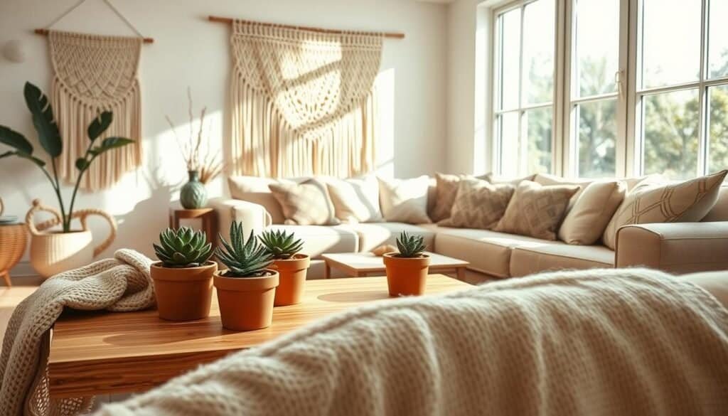 A cozy boho home decor scene featuring minimalist elements, emphasizing a warm and inviting atmosphere. In the foreground, a soft, textured woven blanket drapes over a natural wood coffee table adorned with succulents in terracotta pots. The middle ground showcases a comfortable, neutral-toned sofa with an array of patterned cushions and a macramé wall hanging in soft pastel shades. In the background, large windows allow bright natural light to flood the space, creating playfully soft shadows on the walls. The entire scene is illuminated by soft sunlight, enhancing the warm textures and earthy tones of the decor. The overall mood is serene and welcoming, embodying a harmonious blend of bohemian charm and minimalist design.