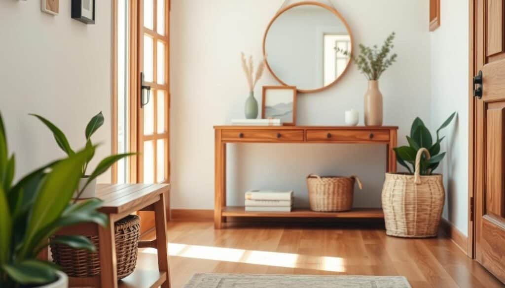 A cozy, budget-friendly entryway showcasing natural wood elements. In the foreground, a simple wooden bench with a woven basket beneath it, adorned with a potted plant. The middle ground features a striking wooden console table with minimalist decor, such as a small framed mirror and a few decorative items. The background reveals a light, airy atmosphere with soft sunlight filtering through a nearby window, illuminating warm wood tones. The scene is captured from a slightly elevated angle to emphasize depth, highlighting the inviting and organized space. The overall mood is welcoming and serene, perfect for showcasing natural textures and simple design details that create an appealing entryway.
