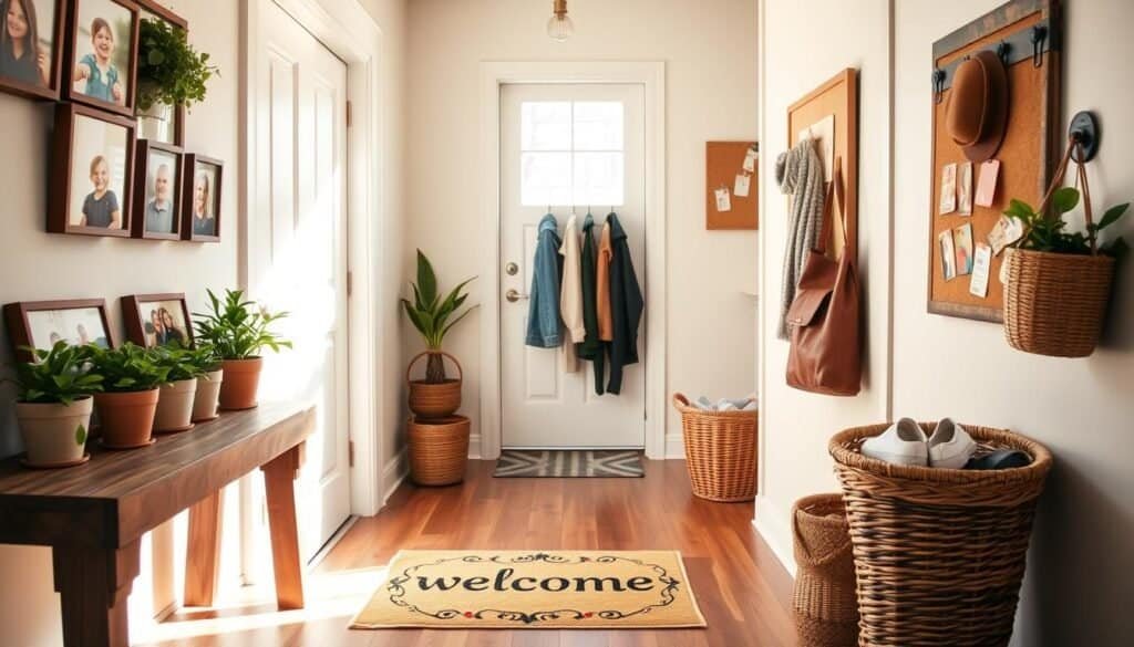 A cozy, budget-friendly entryway that feels personal and warm. In the foreground, a rustic wooden console table adorned with potted green plants and colorful, framed family photographs. In the middle, a welcoming doormat with a cheerful design, alongside a stylish yet affordable wall rack for hanging coats. The background features a bright hallway with natural light pouring through a large window, illuminating soft hues of the walls. Warm, inviting accents like a woven basket filled with shoes and a bulletin board displaying artwork create a friendly atmosphere. Capture this scene with soft sunlight filtering through the window, emphasizing the inviting details, shot from a slightly elevated angle to enhance perspective and depth.