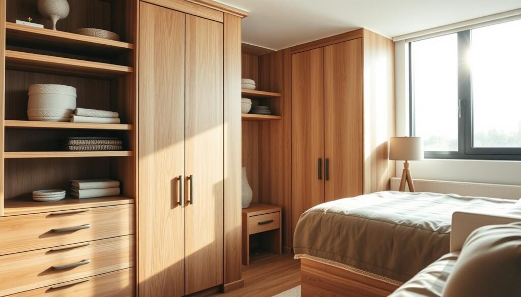 A cozy, compact bedroom showcasing built-in wooden storage solutions, featuring a warm, natural wood finish with stylish, minimalist design. In the foreground, a neatly organized wooden wardrobe blends seamlessly into the wall, complemented by floating shelves adorned with soft, decorative items. The middle ground includes a small bedside table with a matching wooden lamp, casting soft light. In the background, a large window allows bright, natural light to flood the room, highlighting the grain of the wood and creating an inviting atmosphere. The scene evokes a sense of tranquility and comfort, with soft sunlight enhancing the serene, peaceful feel of the space, all captured with a wide-angle lens to embrace the compact layout. A cozy, compact bedroom showcasing built-in wooden storage solutions, featuring a warm, natural wood finish with stylish, minimalist design. In the foreground, a neatly organized wooden wardrobe blends seamlessly into the wall, complemented by floating shelves adorned with soft, decorative items. The middle ground includes a small bedside table with a matching wooden lamp, casting soft light. In the background, a large window allows bright, natural light to flood the room, highlighting the grain of the wood and creating an inviting atmosphere. The scene evokes a sense of tranquility and comfort, with soft sunlight enhancing the serene, peaceful feel of the space, all captured with a wide-angle lens to embrace the compact layout.