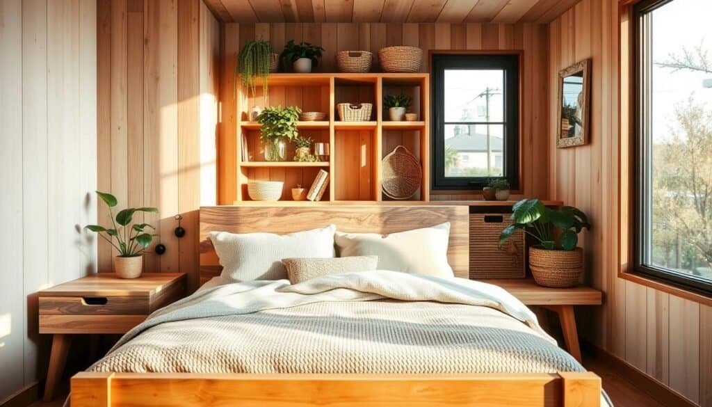 A cozy compact bedroom showcasing small space solutions with an emphasis on natural wood and soft textures. In the foreground, a stylish wooden bed frame with soft, inviting pillows and a textured duvet, complemented by a minimalist nightstand made of reclaimed wood. The middle ground features a combination of wooden shelving and cozy woven baskets for organization, adorned with green plants for an organic touch. The background includes a large window, allowing for bright natural light and soft sunlight to fill the space, enhancing the warm ambiance. The overall atmosphere is serene and inviting, capturing the essence of cozy, functional living in a small bedroom. The angle should provide a wide view, highlighting the design details and textures effectively while maintaining a well-lit, airy feel.