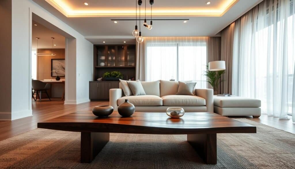 A cozy, contemporary living room showcasing elegant architectural lighting strategies. In the foreground, a beautifully crafted wooden coffee table adorned with minimalistic decorative elements reflects soft, warm light. The middle ground features a sleek, modern sofa positioned strategically under a combination of recessed lighting and pendant fixtures that cast a gentle glow. The background reveals a large window with sheer curtains, allowing bright, natural light to filter in, creating an inviting atmosphere. Capture the scene from a low angle to emphasize the lighting design overhead, while maintaining a wide frame to encompass the ample space. The mood is serene and thoughtfully curated, with a focus on how ambient lighting enhances the architectural details.