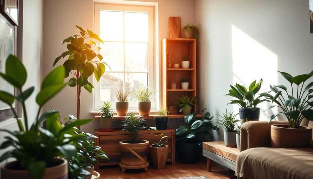 A cozy corner of a small living space featuring wooden plant styling elements. In the foreground, a variety of indoor plants in rustic wood planters, showcasing vibrant greenery. The middle ground showcases a stylish wooden shelf that elegantly displays smaller potted plants and decorative wooden accents, enhancing the natural vibe. In the background, a soft, airy window allowing warm, natural light to flood the space, casting gentle shadows and highlighting the rich textures of the wood. The setting conveys a calm and inviting atmosphere, perfect for showcasing how wooden elements can beautifully complement plant styling in compact areas. The image captures a realistic home décor style, emphasizing warmth and tranquility, without any text or distractions.