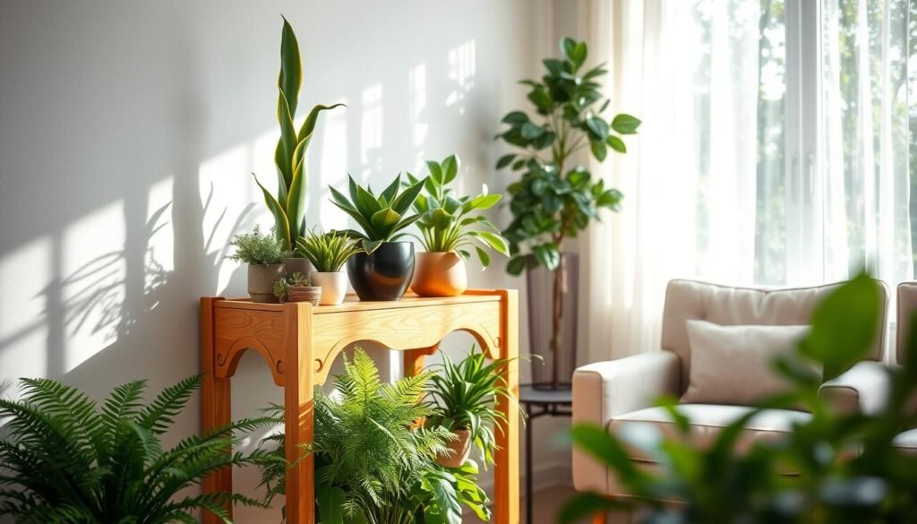 A cozy corner plant stand in a modern living room, showcasing a beautifully arranged collection of indoor plants such as ferns, succulents, and a tall snake plant. The stand is made of warm, light-colored wood with elegant craftsmanship, featuring intricate details that enhance its charm. In the foreground, the plant stand is adorned with vibrant greenery, while soft, dappled sunlight bathes the scene, creating a calm and inviting atmosphere. The middle ground includes a plush armchair and a small side table, emphasizing a relaxing nook. The background reveals a softly blurred window with leafy curtains, allowing natural light to filter through, enhancing the serene mood. The composition is well-lit, capturing the texture of the wood and the lushness of the plants.