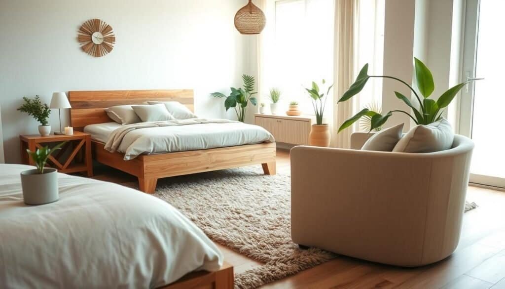 A cozy eco-friendly bedroom styled with natural wood elements, featuring a sustainably-sourced wooden bed frame with soft, neutral bedding. The foreground shows a bedside table made of reclaimed wood with a small potted plant and a candle. In the middle, a plush area rug adds warmth, complemented by a comfortable armchair upholstered in organic fabric. The background reveals a large window letting in bright, soft sunlight, illuminating the room with a warm glow. Light green indoor plants bring a touch of nature, enhancing the serene atmosphere. Capture this scene from a slightly elevated angle to emphasize the room's spaciousness, creating a calm and inviting mood with airy, well-lit surroundings.