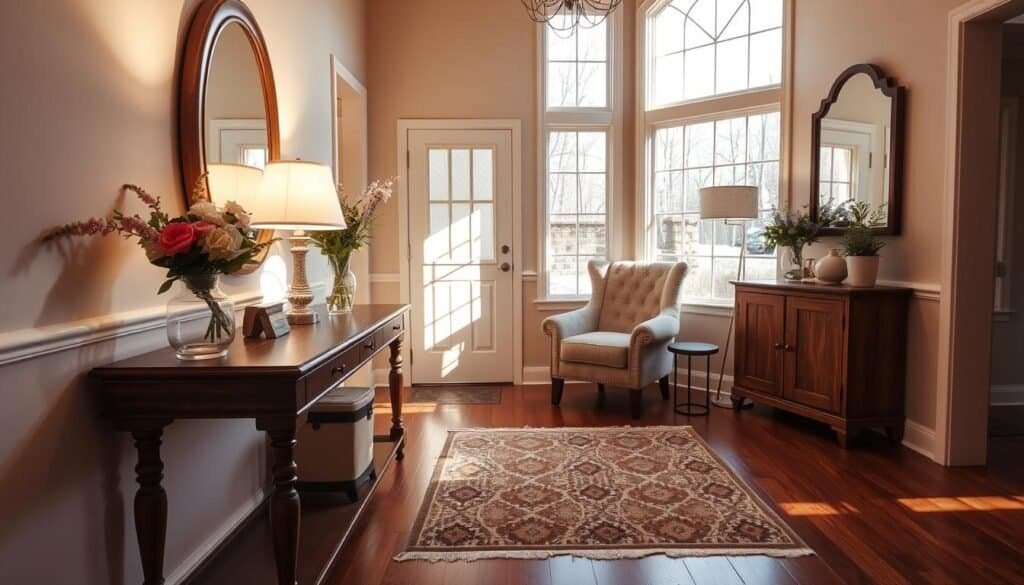 A cozy entryway design featuring a warm, inviting atmosphere. In the foreground, a wooden console table adorned with a vase of fresh flowers and a stylish lamp casts soft light. The middle ground showcases a patterned rug that enhances the texture, while a plush armchair sits beside the table, inviting visitors to relax. The background includes a mirror reflecting natural light streaming in through large windows, creating a bright, airy feel. Rich wooden floors complement the warm color palette of soft beige and earthy tones. The overall ambiance is welcoming and serene, with gentle illumination highlighting the textures and colors, evoking a sense of comfort and home.