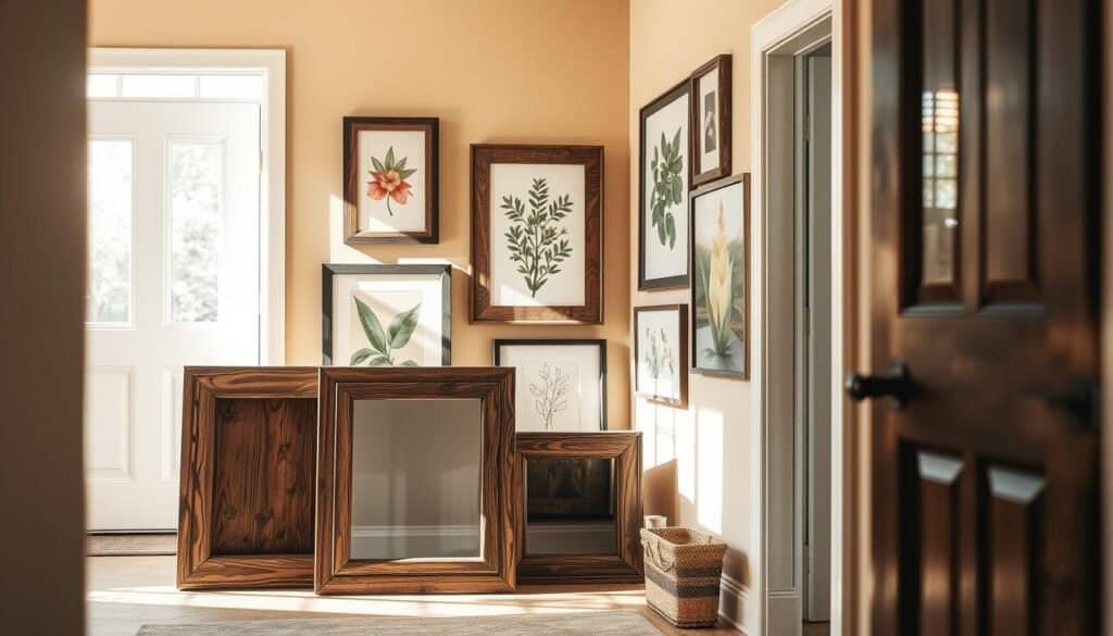 A cozy entryway featuring a collection of intricately designed wooden frames displaying various pieces of wall art. In the foreground, highlight a set of three rustic frames in different sizes, made from reclaimed wood with visible grain patterns. The middle ground showcases the frames adorned with botanical prints and abstract art, achieving a balance between nature and modern decor. The background consists of a softly lit wall painted in warm, neutral tones, adding to the inviting atmosphere of the space. Natural light streams in from a nearby window, casting gentle shadows and creating a serene ambiance. The overall mood is warm and inviting, exuding a homely charm that instantly enhances the entryway.