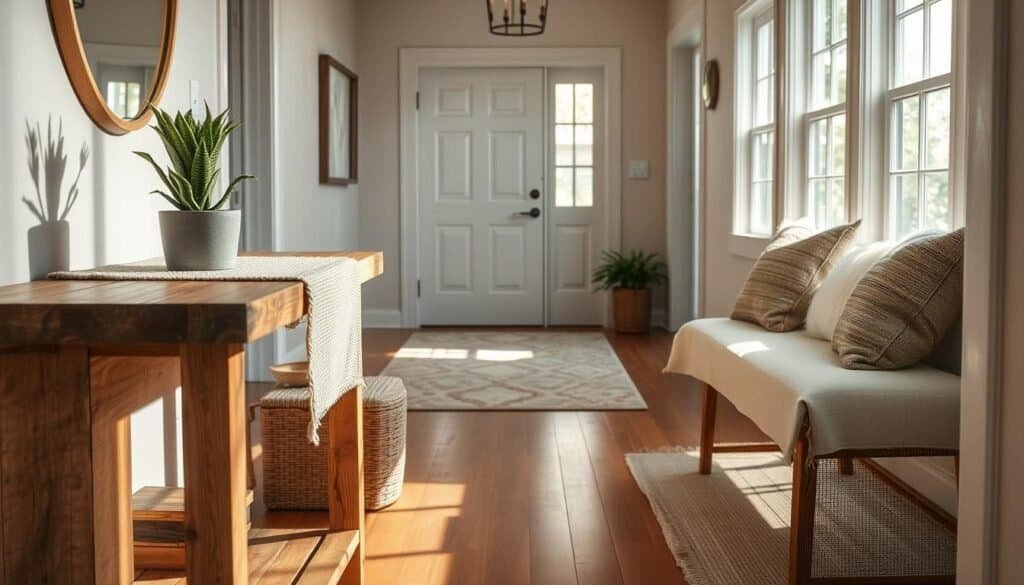 A cozy entryway featuring a harmonious blend of materials and textures. In the foreground, a wooden console table made of warm, reclaimed wood adorned with a soft woven runner and a potted succulent. To the side, a plush, inviting bench covered in a light cotton fabric with textured throw pillows in muted earth tones. In the middle ground, a well-lit space with a soft area rug that adds warmth to the hardwood floor. In the background, a welcoming door framed by natural light pouring in through large windows, highlighting the subtle colors of the walls. The atmosphere is peaceful and inviting, with soft sunlight creating gentle shadows, captured at a slightly angled view to showcase depth and intimacy. The scene embodies a personal touch with elements that feel warm and easy to maintain.